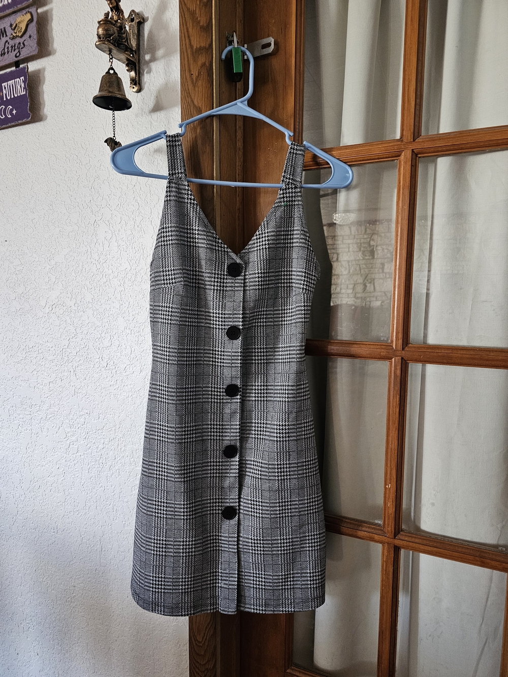 Popular Basics Black & White Plaid V-Neck Button Mini Dress